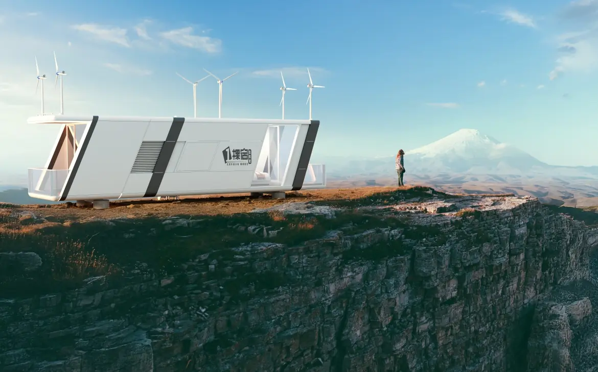 Yikesu ecological cabin on a cliff edge with rooftop wind turbines