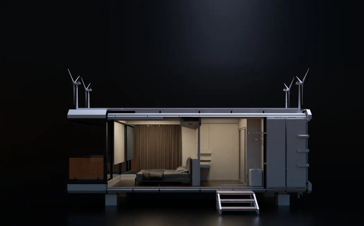 Cutaway view of a Yikesu cabin showing the bedroom, bathroom and technical bay