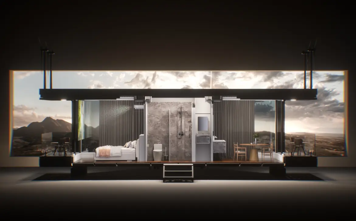 Interior cross-section: bedroom, bathroom and dining area