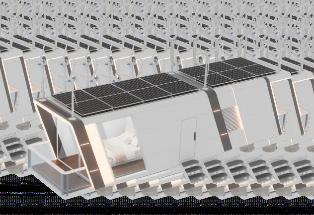 Cabin exterior showing solar roof and rooftop turbines
